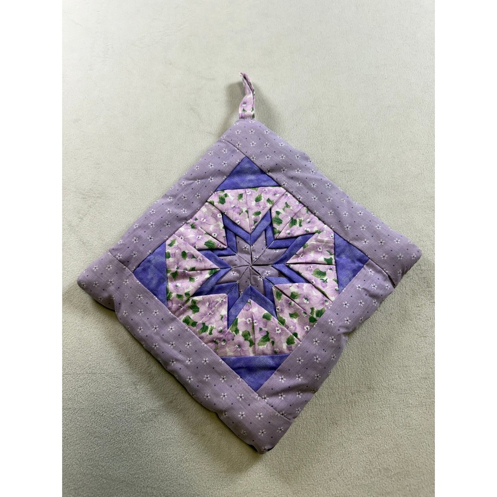 Handmade Quilted Folded Star Pot Holder Purple Floral Patchwork Trivet 8.5"